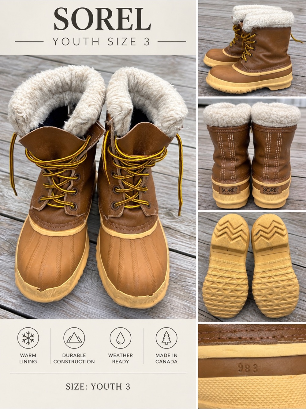 Sorel Youth Winter Boots Size 3 Brown Shearling Lined Made in Canada